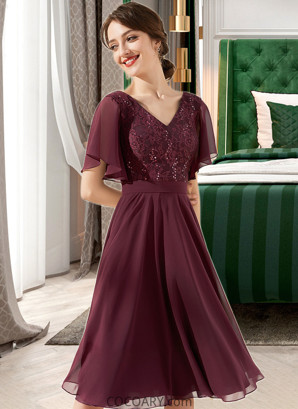 Lorelai A-Line V-neck Knee-Length Chiffon Lace Bridesmaid Dress With Sequins DA8P0013246