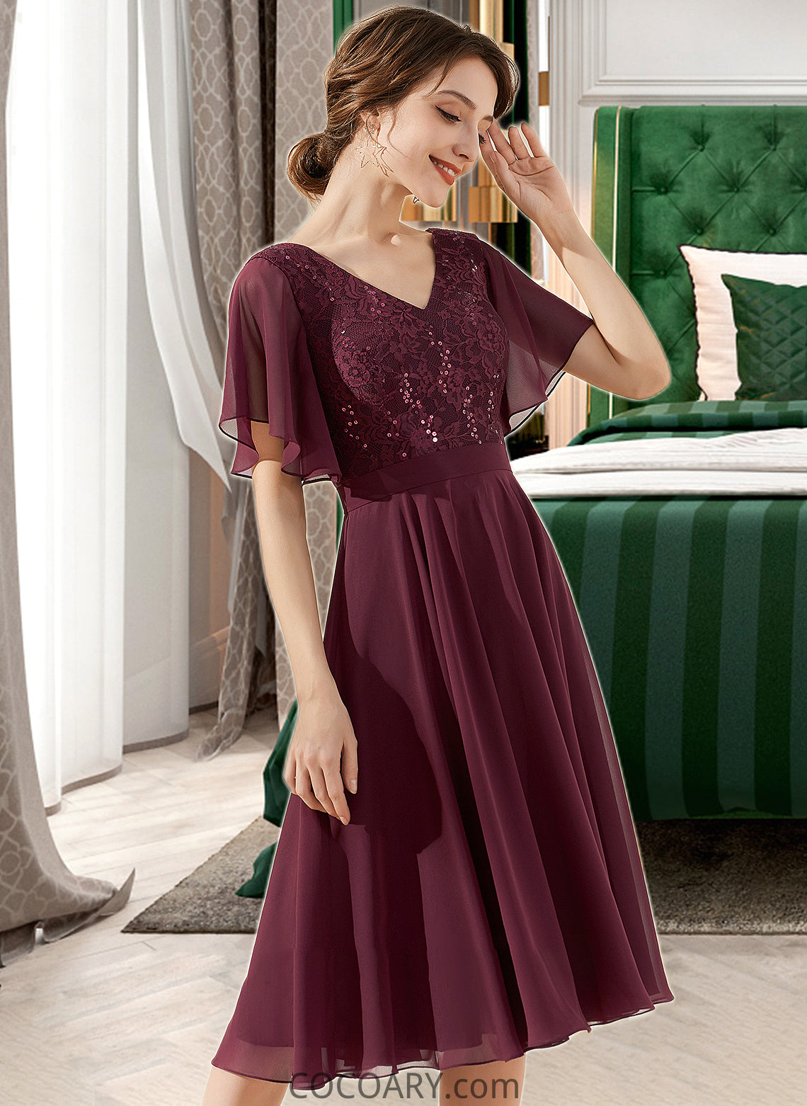 Lorelai A-Line V-neck Knee-Length Chiffon Lace Bridesmaid Dress With Sequins DA8P0013246