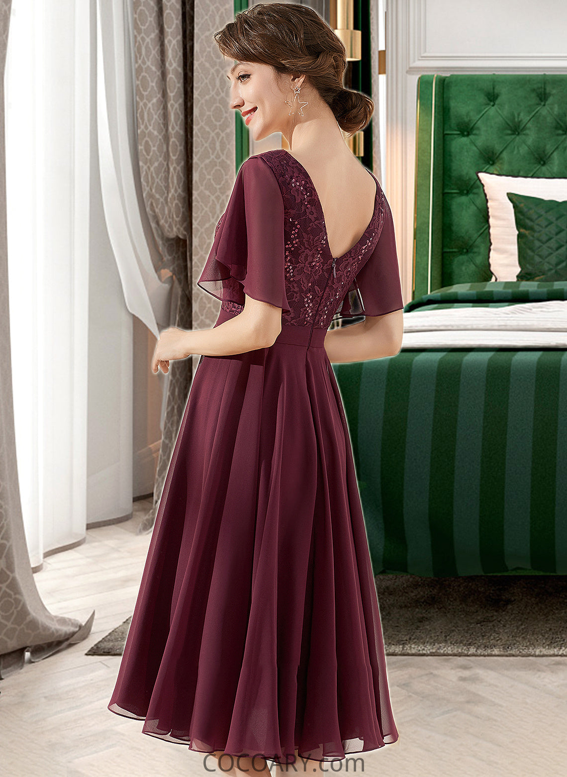 Lorelai A-Line V-neck Knee-Length Chiffon Lace Bridesmaid Dress With Sequins DA8P0013246