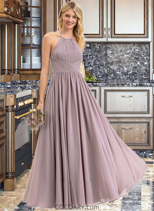 Paige Empire Halter Floor-Length Chiffon Bridesmaid Dress With Ruffle Bow(s) DA8P0013258