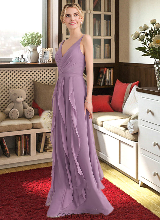 Seraphina A-Line V-neck Floor-Length Chiffon Bridesmaid Dress With Cascading Ruffles DA8P0013261