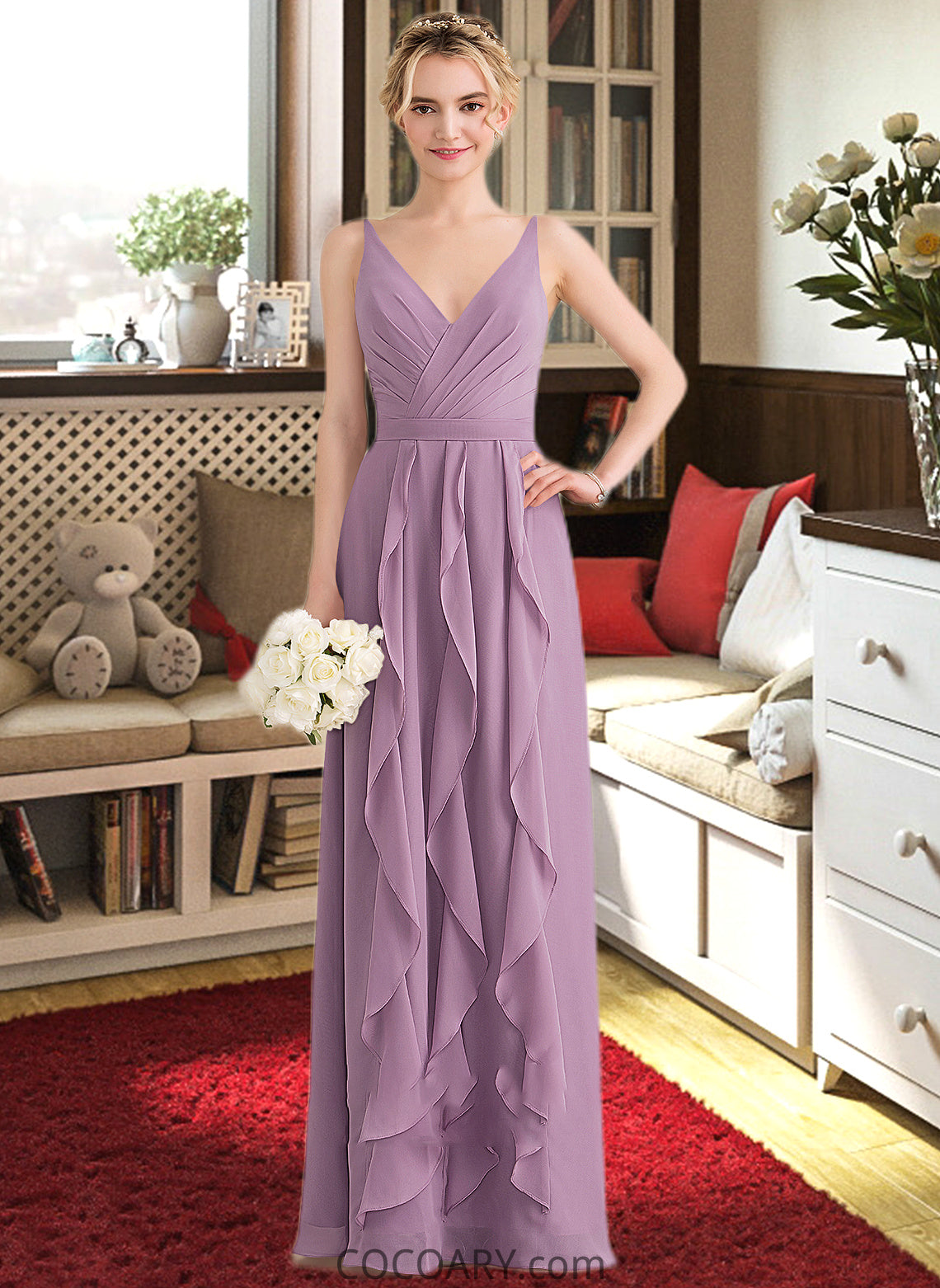 Seraphina A-Line V-neck Floor-Length Chiffon Bridesmaid Dress With Cascading Ruffles DA8P0013261