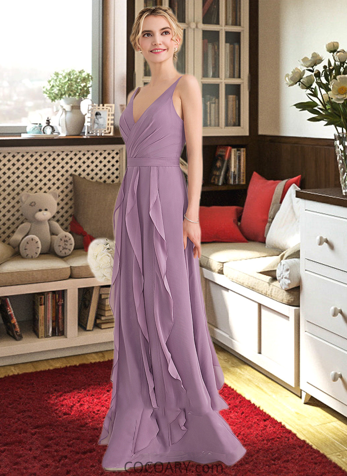 Seraphina A-Line V-neck Floor-Length Chiffon Bridesmaid Dress With Cascading Ruffles DA8P0013261