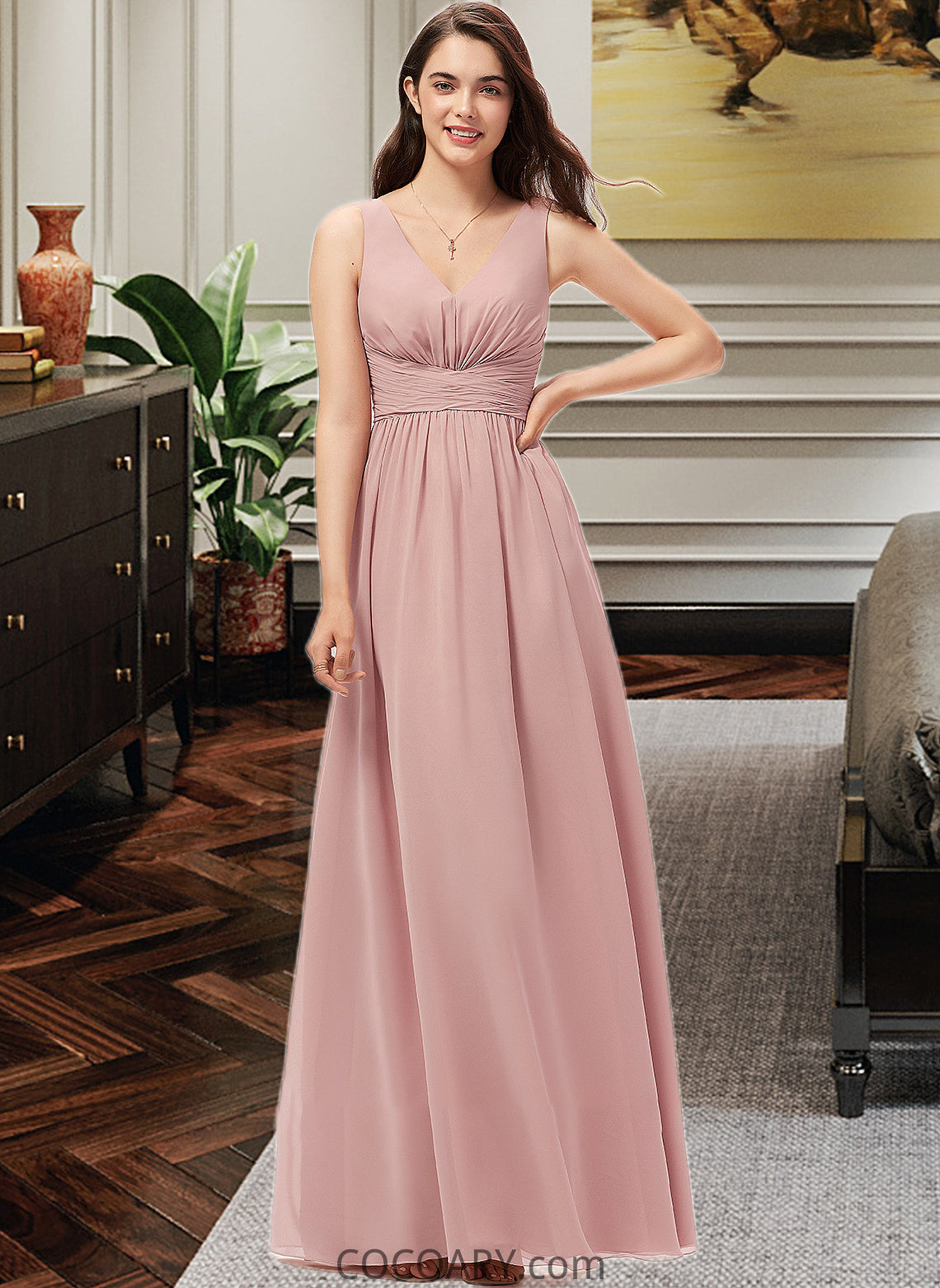 Sabrina A-Line V-neck Floor-Length Chiffon Bridesmaid Dress With Ruffle DA8P0013266