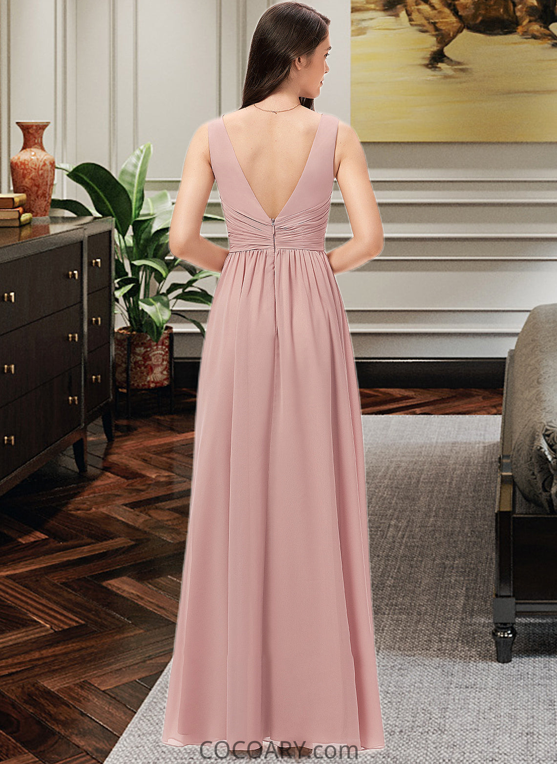 Sabrina A-Line V-neck Floor-Length Chiffon Bridesmaid Dress With Ruffle DA8P0013266