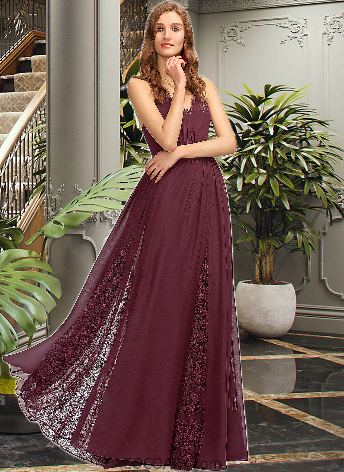 Aaliyah A-Line V-neck Floor-Length Chiffon Lace Bridesmaid Dress DA8P0013268