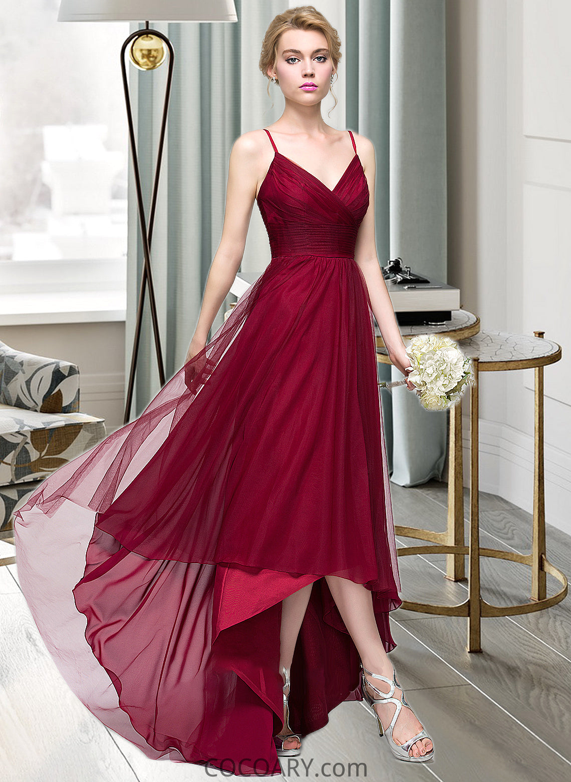 Halle A-Line V-neck Asymmetrical Tulle Bridesmaid Dress DA8P0013270