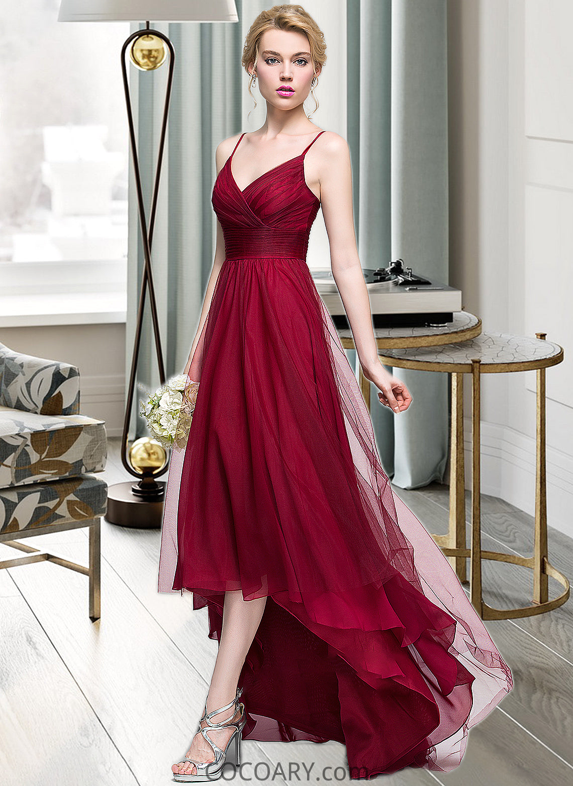 Halle A-Line V-neck Asymmetrical Tulle Bridesmaid Dress DA8P0013270