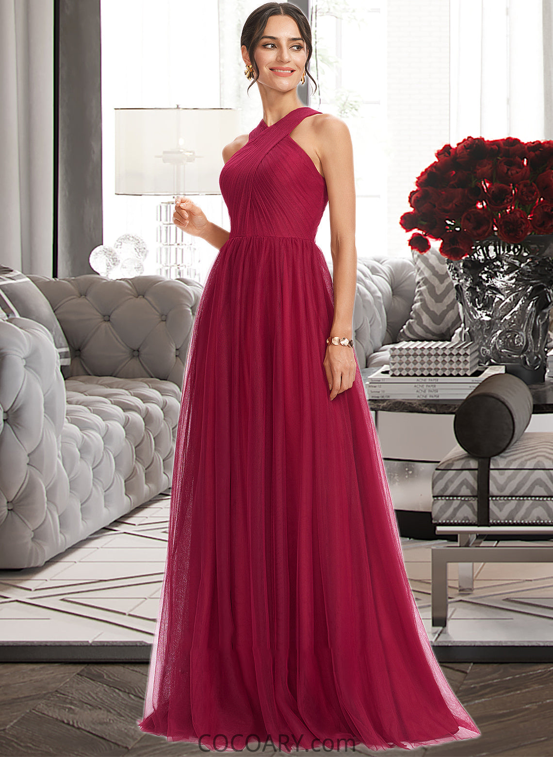 Ariella A-Line Halter Floor-Length Bridesmaid Dress With Ruffle DA8P0013274