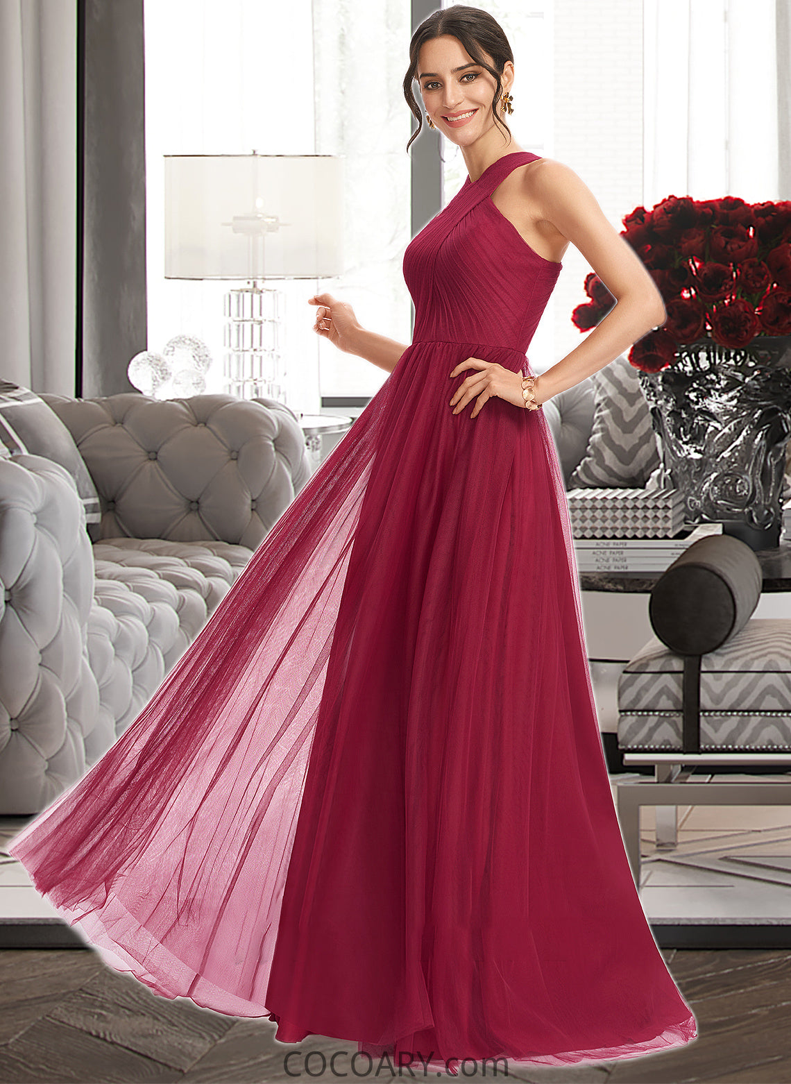 Ariella A-Line Halter Floor-Length Bridesmaid Dress With Ruffle DA8P0013274