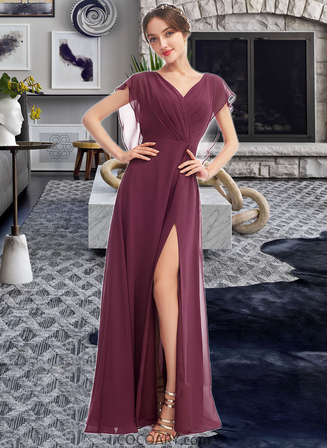 Julie A-Line V-neck Floor-Length Bridesmaid Dress With Ruffle Split Front DA8P0013276