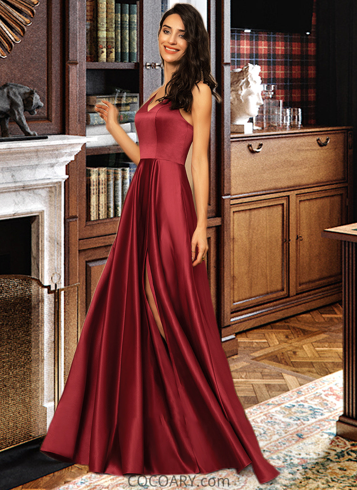 Faith A-Line V-neck Floor-Length Satin Bridesmaid Dress With Pockets DA8P0013279