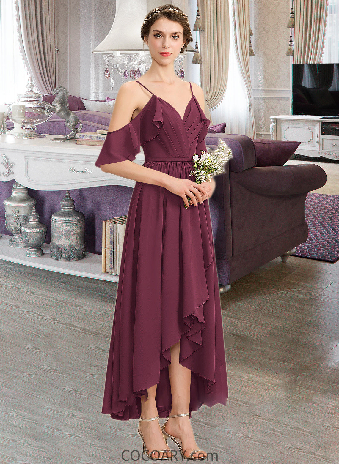 Savanna A-Line V-neck Asymmetrical Chiffon Bridesmaid Dress With Cascading Ruffles DA8P0013280