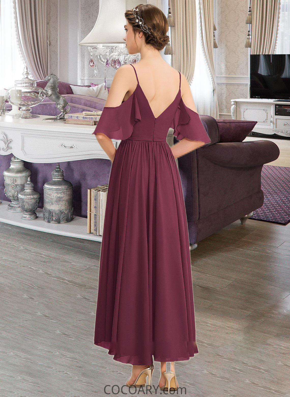 Savanna A-Line V-neck Asymmetrical Chiffon Bridesmaid Dress With Cascading Ruffles DA8P0013280