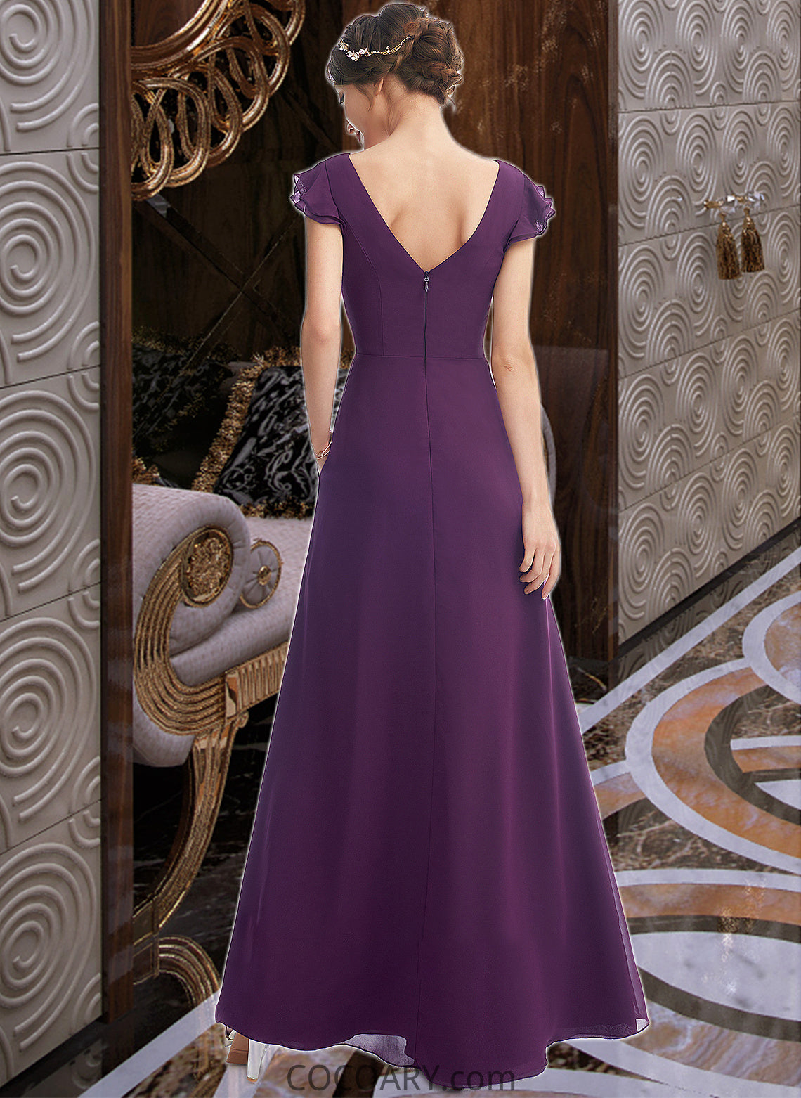 Heidy A-Line V-neck Floor-Length Bridesmaid Dress With Ruffle Pockets DA8P0013285