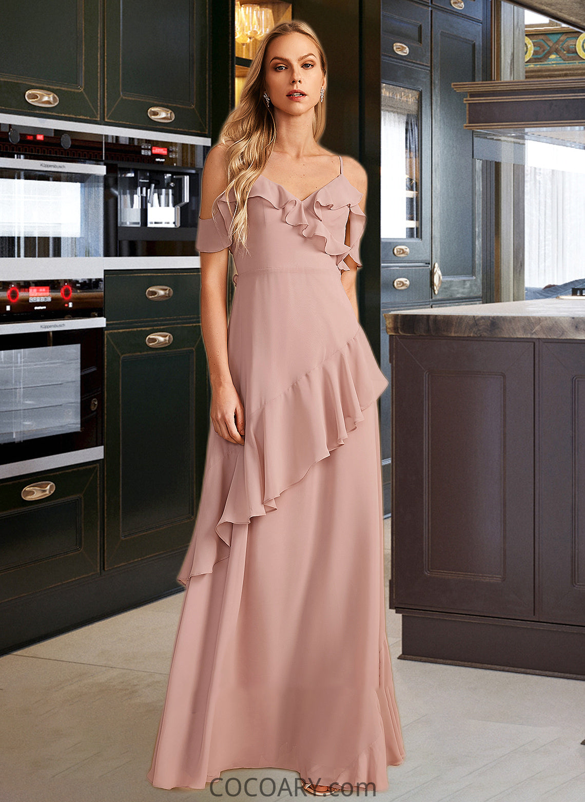 Georgia A-Line V-neck Floor-Length Bridesmaid Dress With Ruffle DA8P0013289