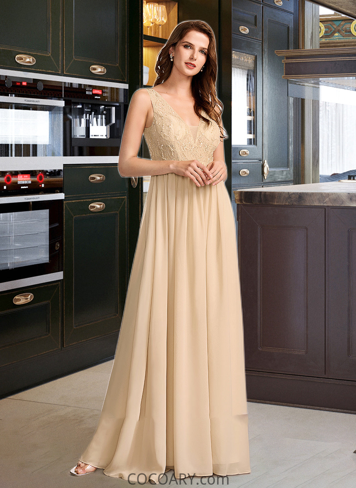 Johanna A-Line V-neck Floor-Length Bridesmaid Dress With Sequins DA8P0013291