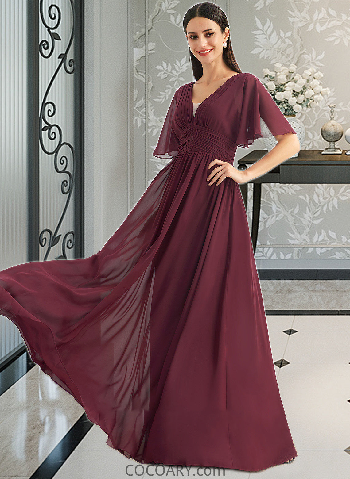 Mara A-Line V-neck Floor-Length Bridesmaid Dress With Ruffle DA8P0013292