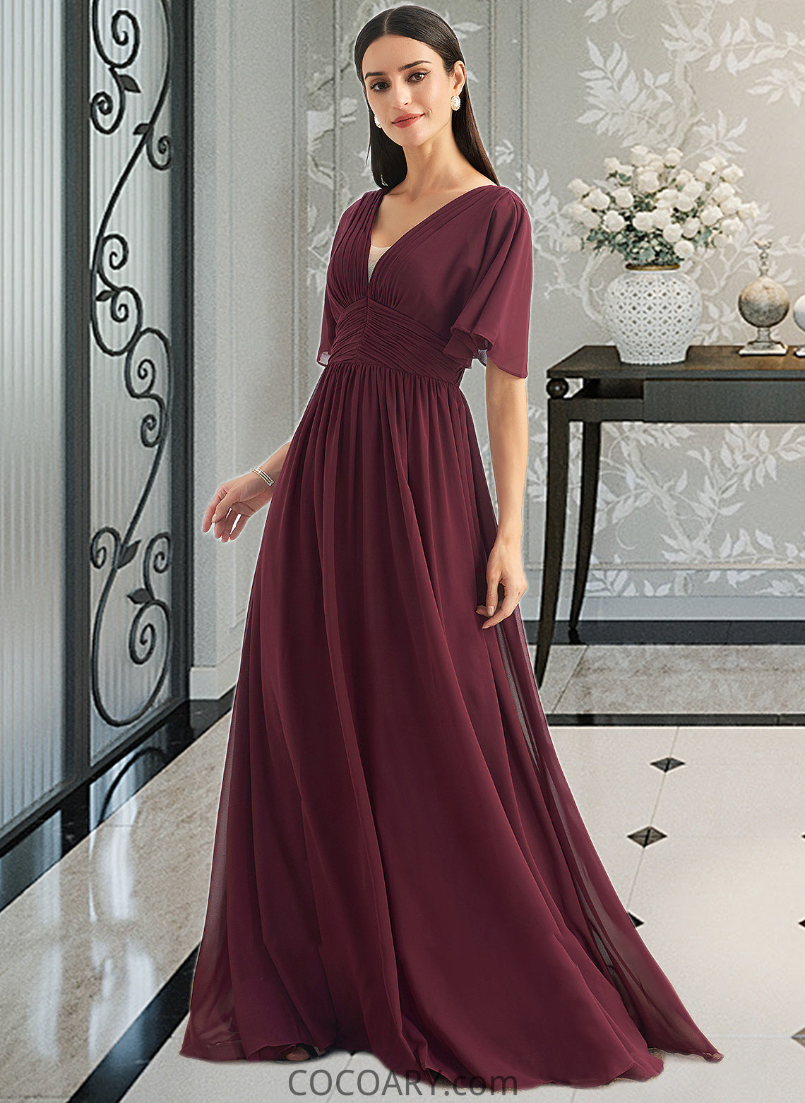 Mara A-Line V-neck Floor-Length Bridesmaid Dress With Ruffle DA8P0013292