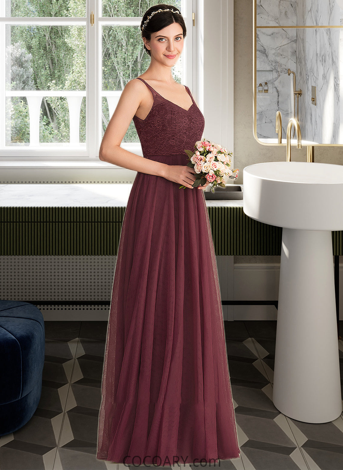 Marisol A-Line/Princess V-neck Floor-Length Tulle Lace Bridesmaid Dress DA8P0013295