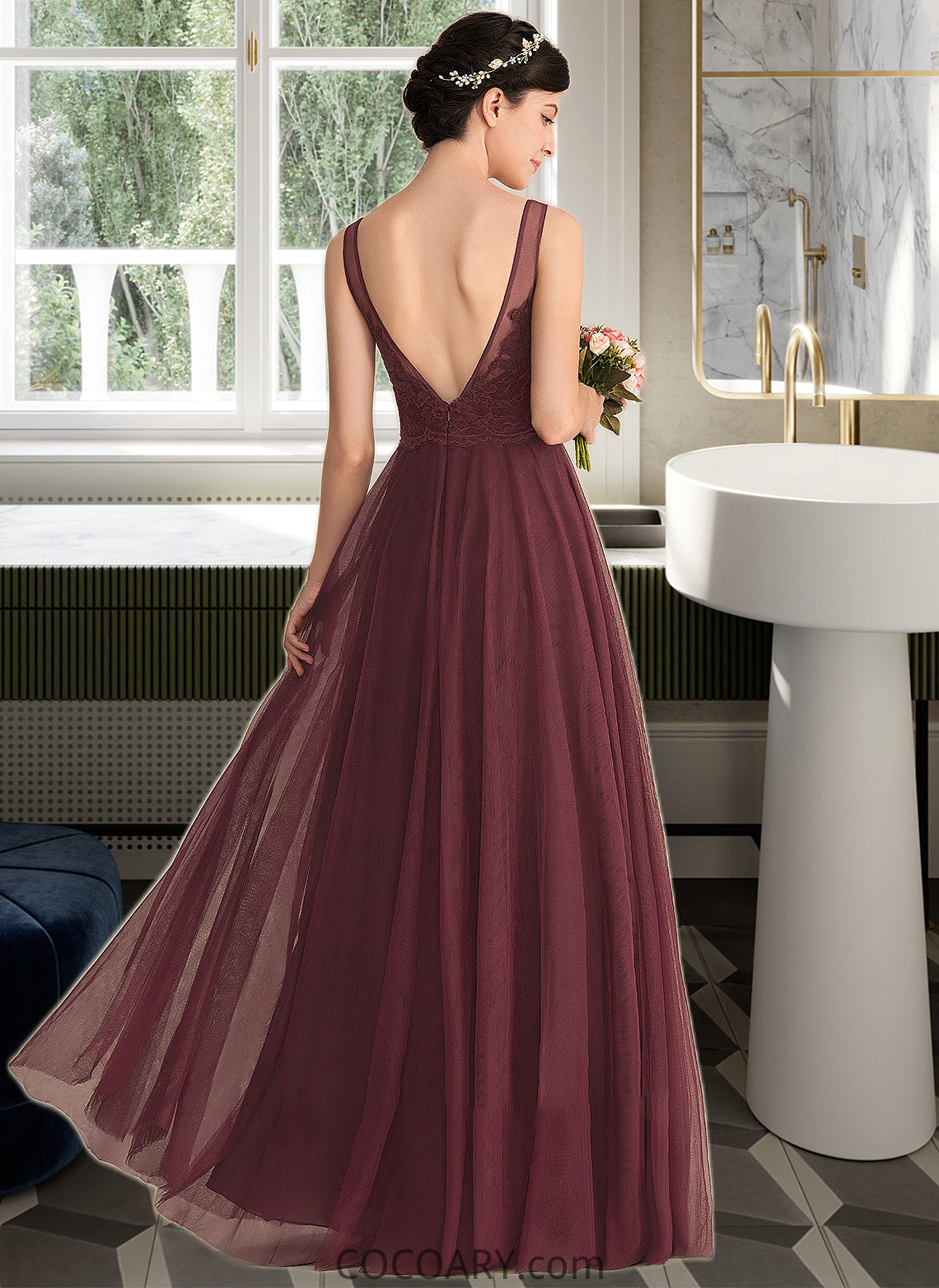 Marisol A-Line/Princess V-neck Floor-Length Tulle Lace Bridesmaid Dress DA8P0013295