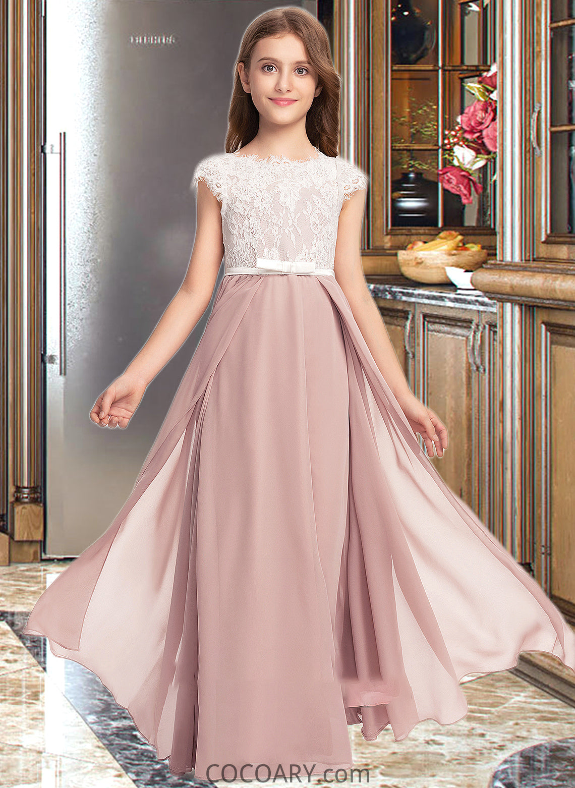 Lilith A-Line Scoop Neck Floor-Length Chiffon Lace Junior Bridesmaid Dress With Bow(s) DA8P0013305