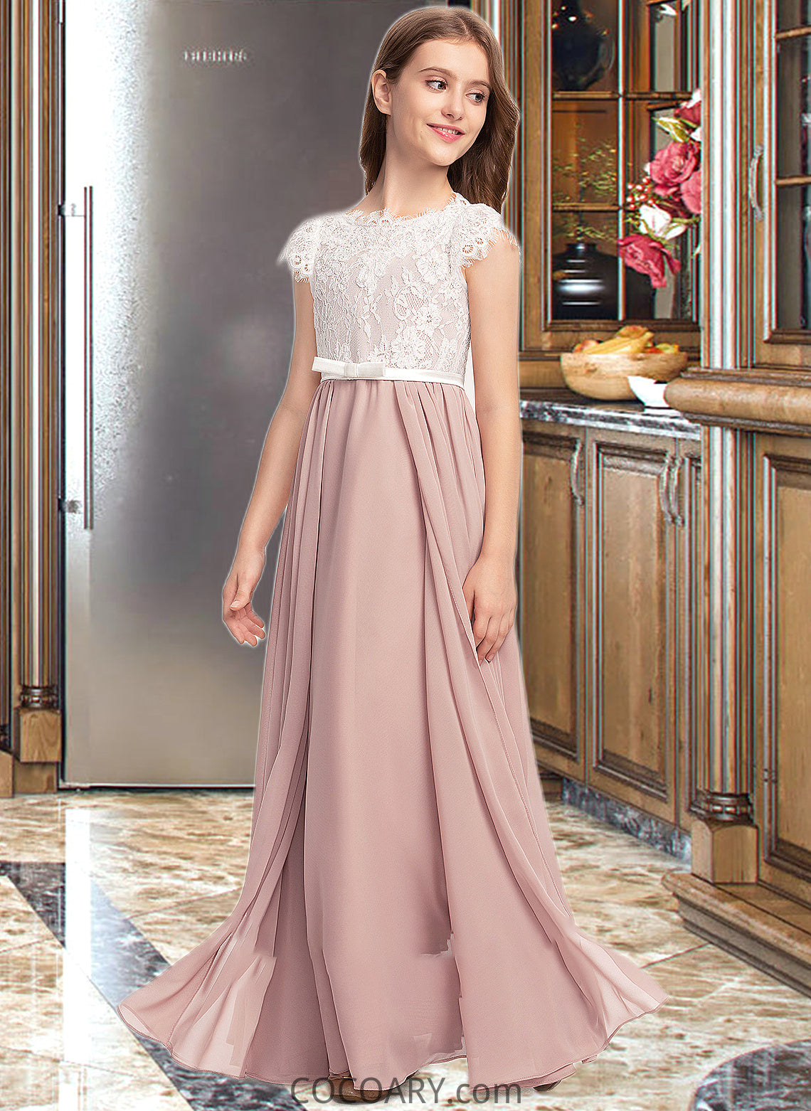 Lilith A-Line Scoop Neck Floor-Length Chiffon Lace Junior Bridesmaid Dress With Bow(s) DA8P0013305