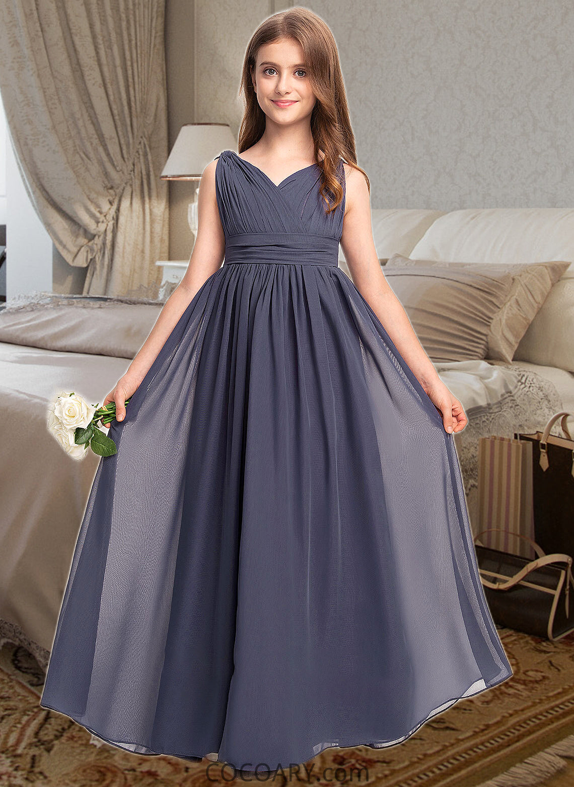 Amiah A-Line V-neck Floor-Length Chiffon Junior Bridesmaid Dress With Ruffle DA8P0013307