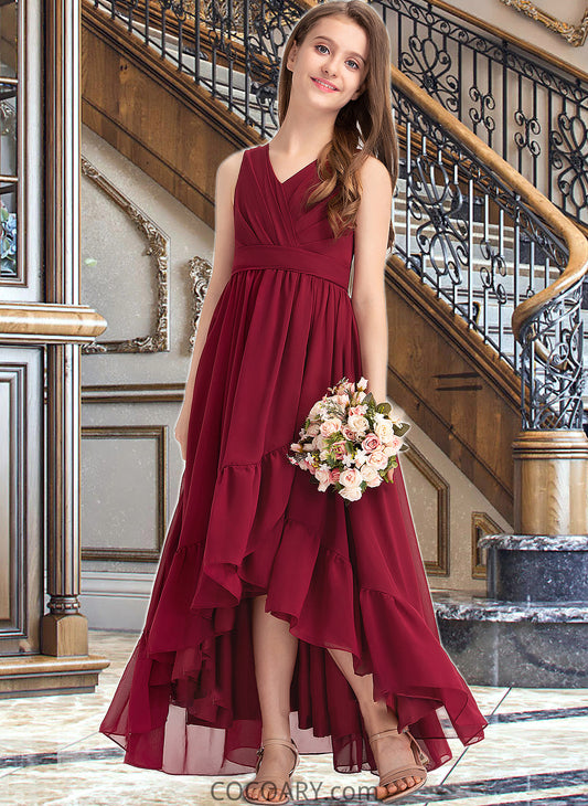 EmeryPiper A-Line V-neck Asymmetrical Chiffon Junior Bridesmaid Dress With Bow(s) Cascading Ruffles DA8P0013310