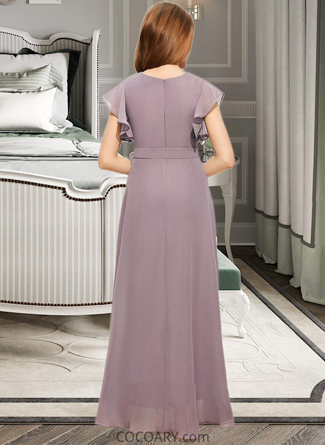 Frances A-Line V-neck Asymmetrical Chiffon Junior Bridesmaid Dress With Ruffle Bow(s) DA8P0013315