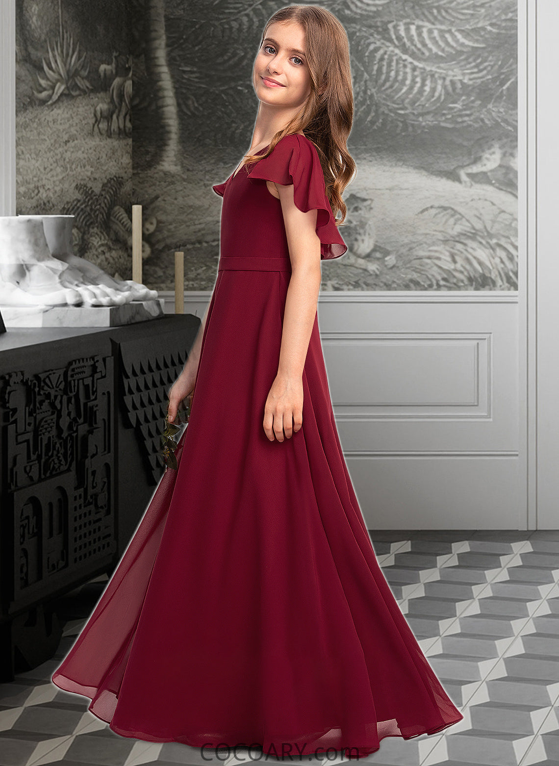 Payton A-Line V-neck Floor-Length Chiffon Junior Bridesmaid Dress With Cascading Ruffles DA8P0013327