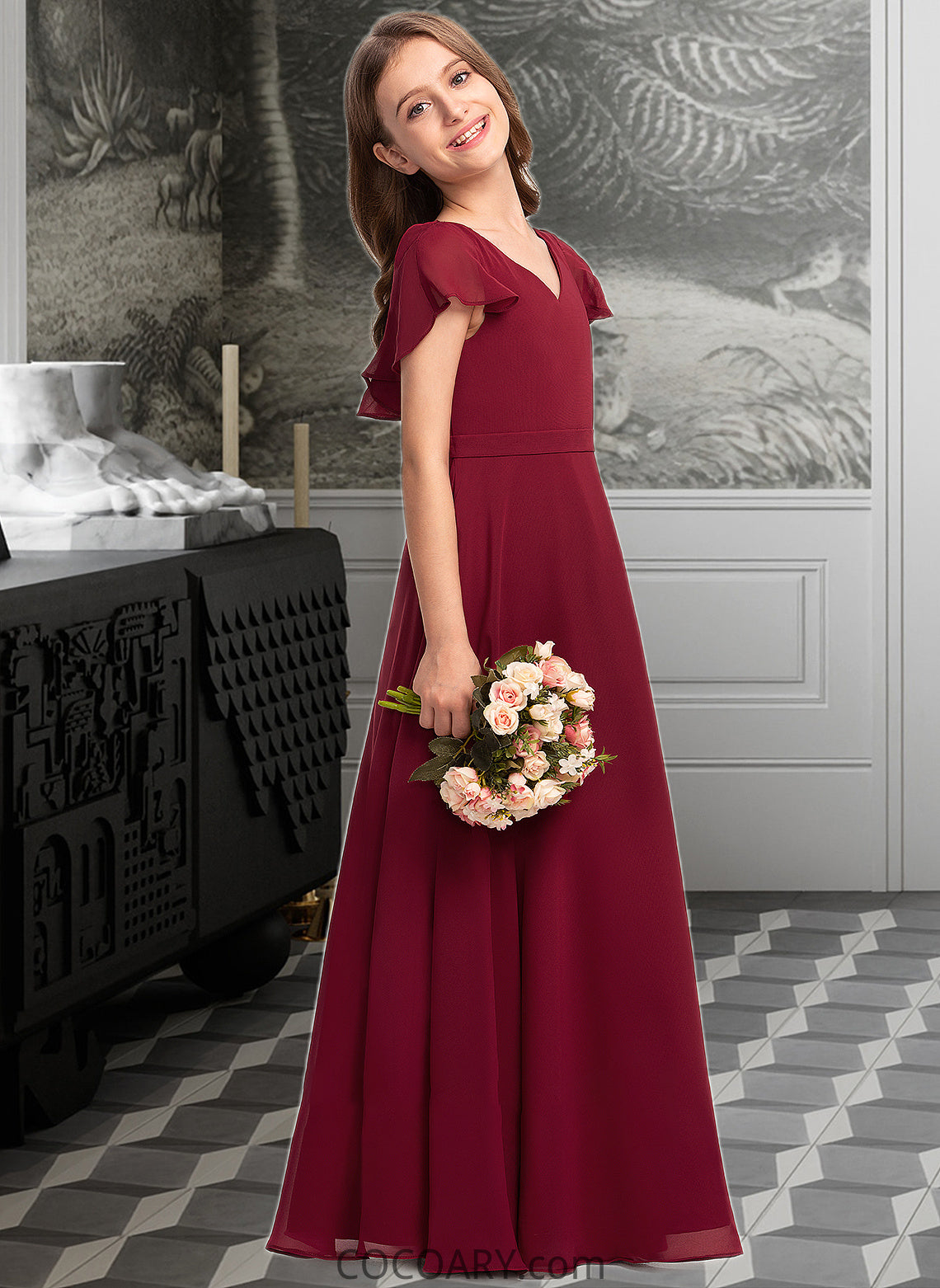 Payton A-Line V-neck Floor-Length Chiffon Junior Bridesmaid Dress With Cascading Ruffles DA8P0013327