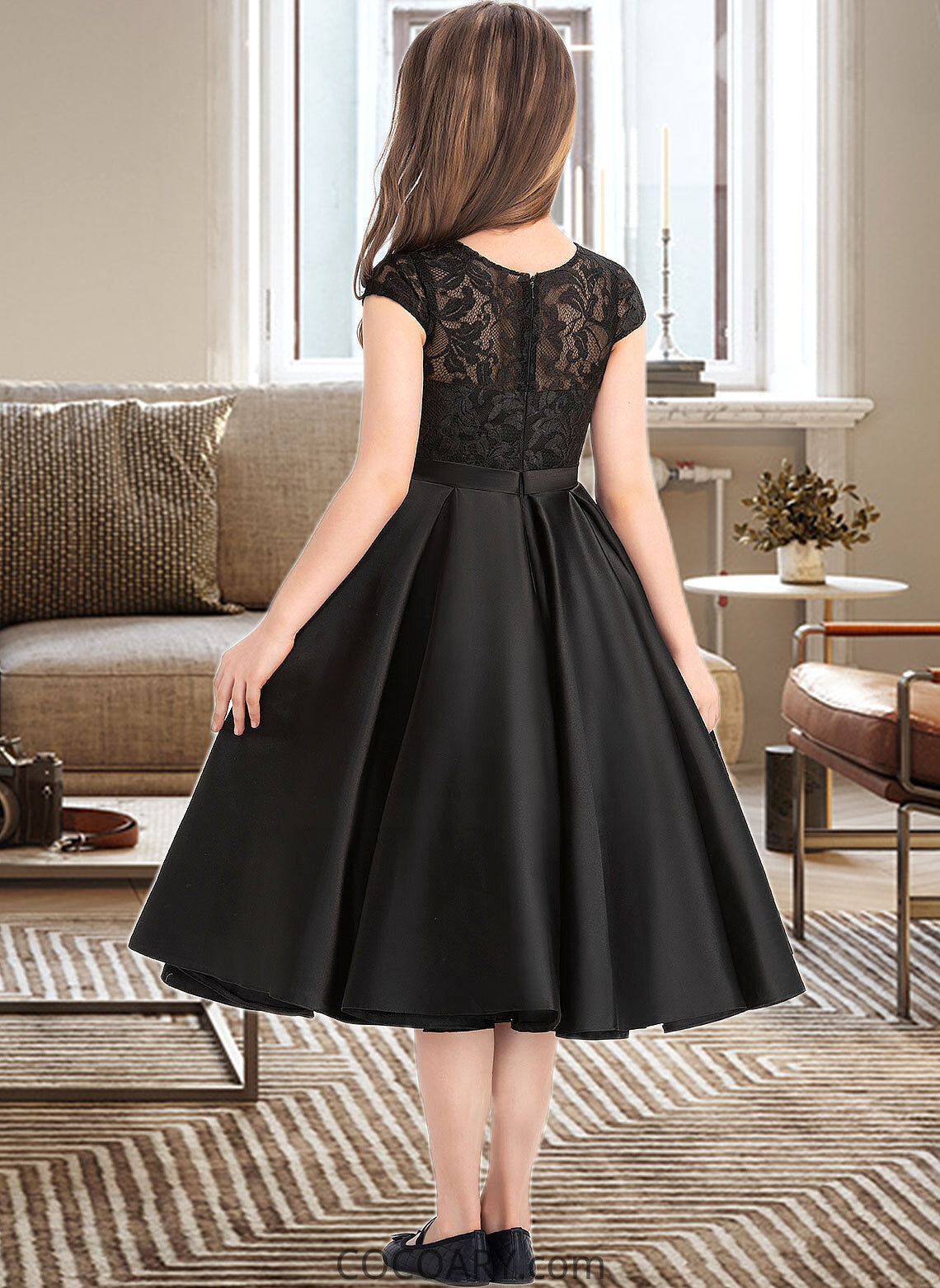 Maeve A-Line Scoop Neck Knee-Length Satin Lace Junior Bridesmaid Dress With Pockets DA8P0013335