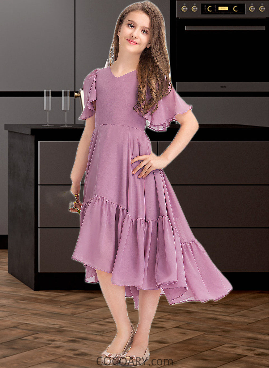 Sibyl A-Line V-neck Asymmetrical Chiffon Junior Bridesmaid Dress With Cascading Ruffles DA8P0013342