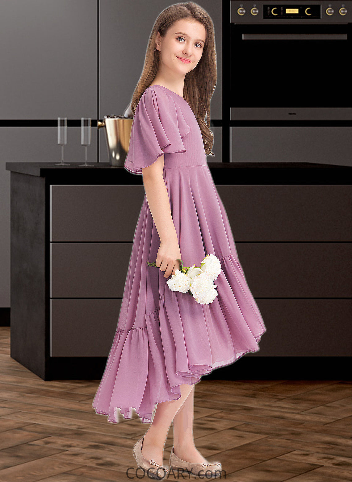 Sibyl A-Line V-neck Asymmetrical Chiffon Junior Bridesmaid Dress With Cascading Ruffles DA8P0013342