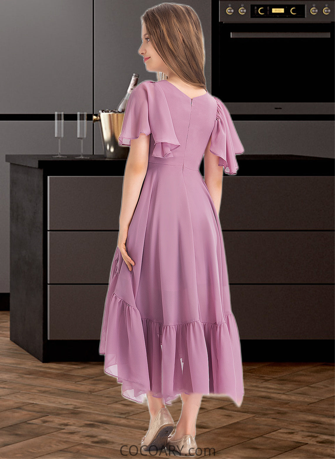 Sibyl A-Line V-neck Asymmetrical Chiffon Junior Bridesmaid Dress With Cascading Ruffles DA8P0013342