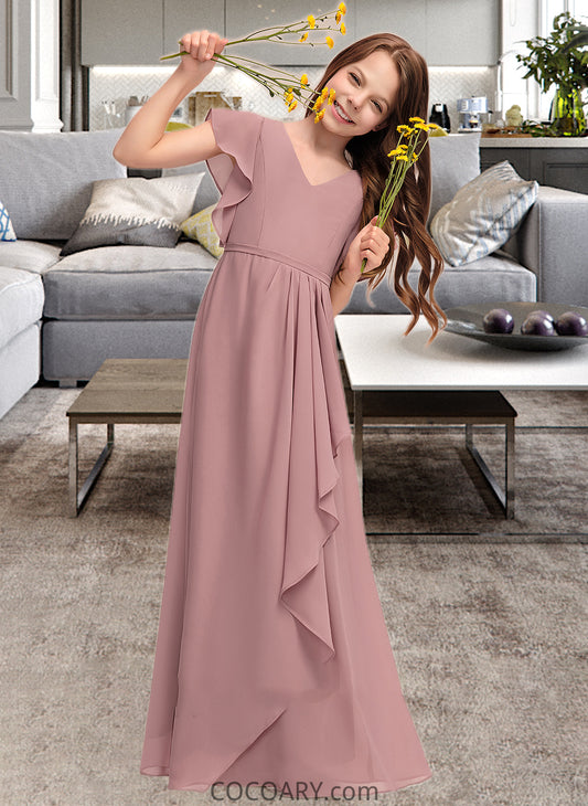 Pancy A-Line V-neck Floor-Length Chiffon Junior Bridesmaid Dress With Cascading Ruffles DA8P0013343