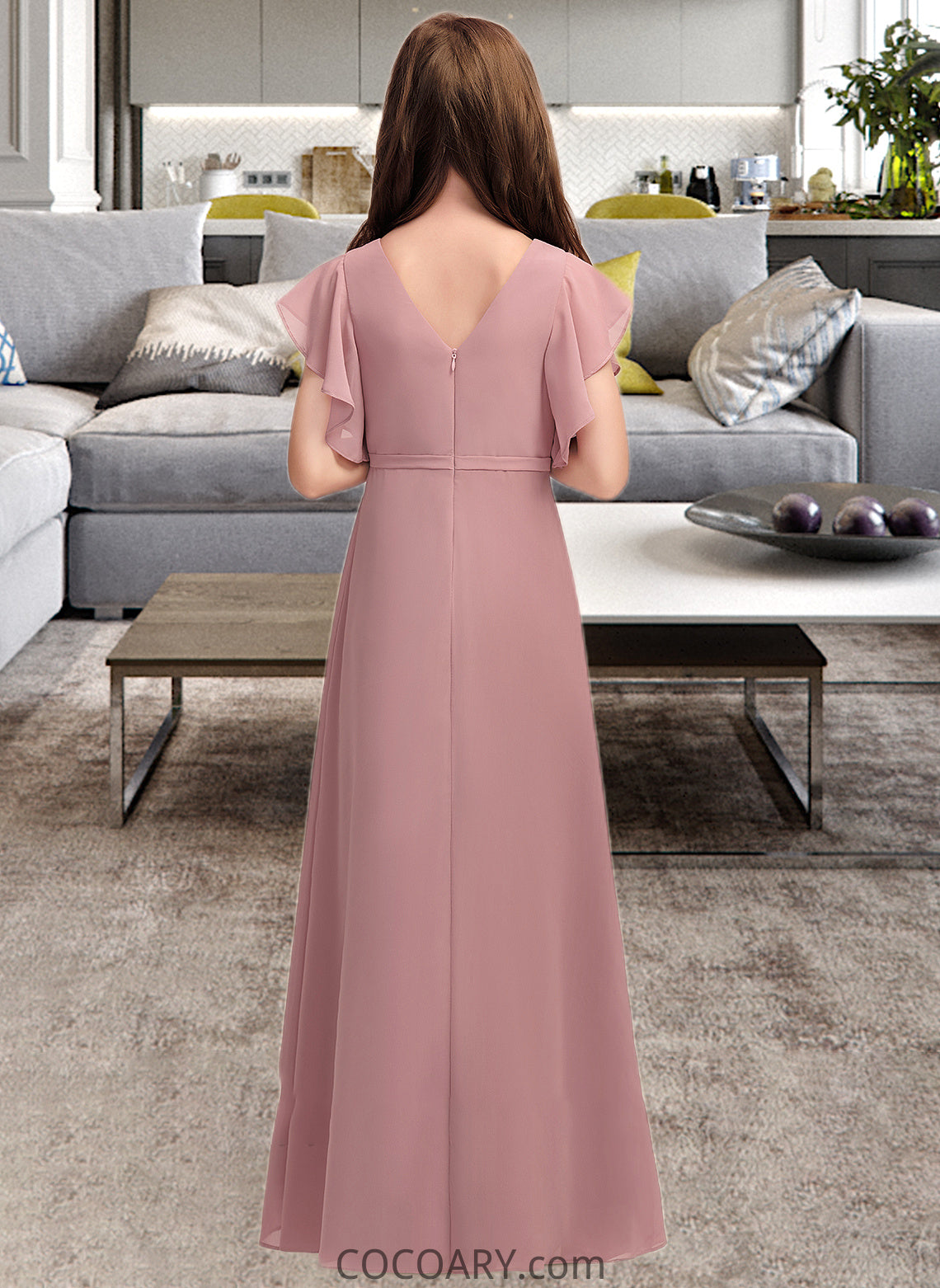 Pancy A-Line V-neck Floor-Length Chiffon Junior Bridesmaid Dress With Cascading Ruffles DA8P0013343