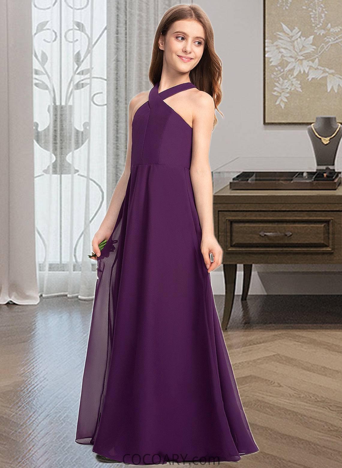 Sally A-Line V-neck Floor-Length Chiffon Junior Bridesmaid Dress DA8P0013346