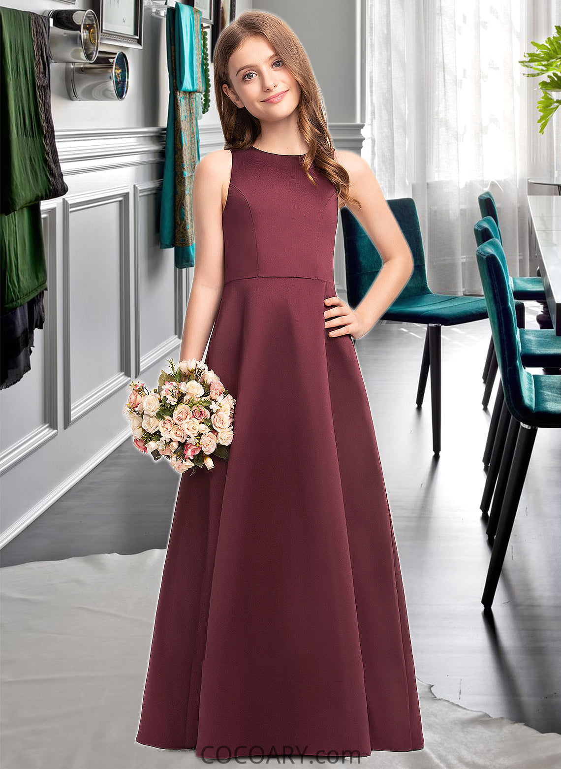 Teagan A-Line Scoop Neck Floor-Length Satin Junior Bridesmaid Dress DA8P0013348