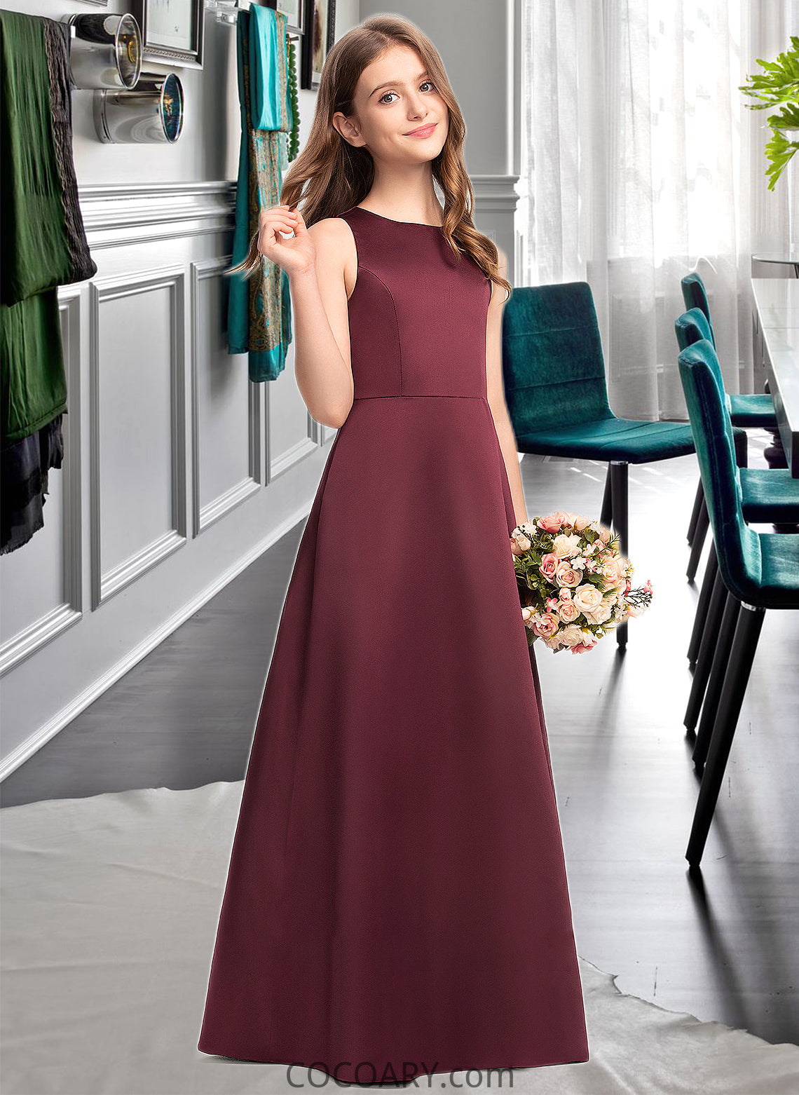 Teagan A-Line Scoop Neck Floor-Length Satin Junior Bridesmaid Dress DA8P0013348