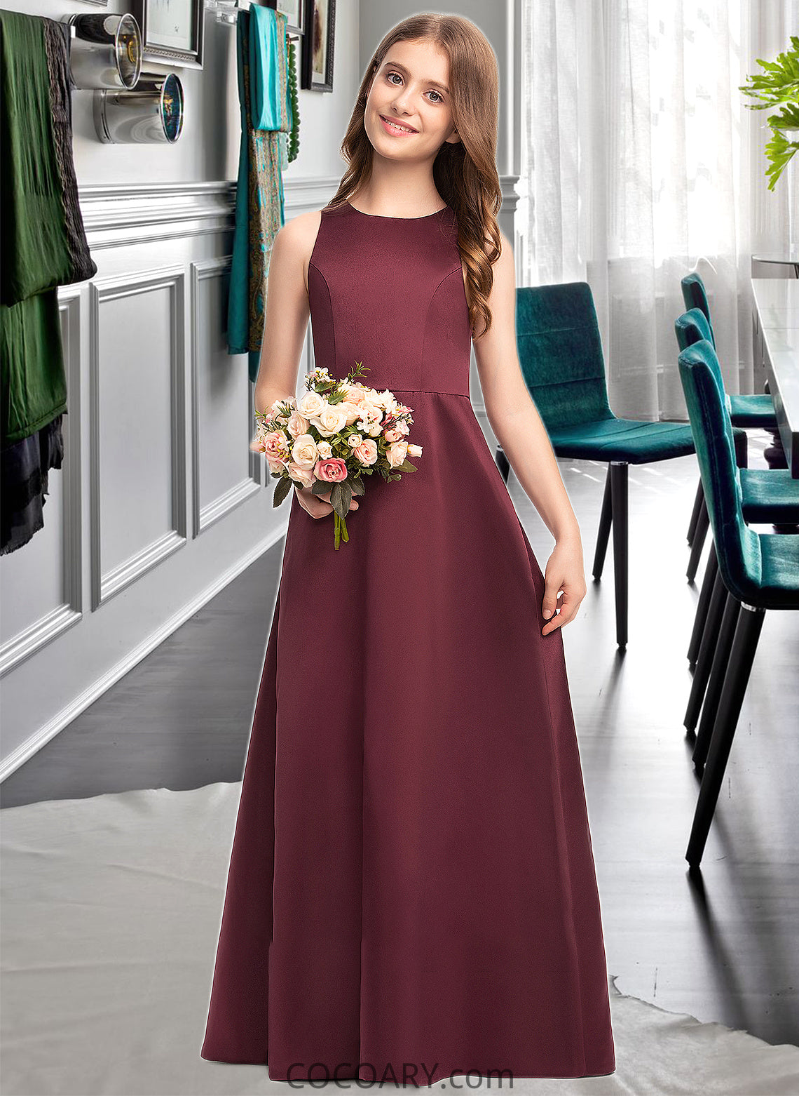 Teagan A-Line Scoop Neck Floor-Length Satin Junior Bridesmaid Dress DA8P0013348