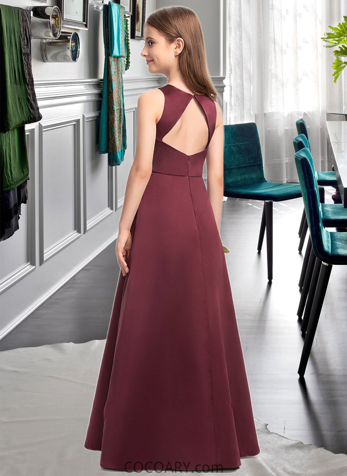 Teagan A-Line Scoop Neck Floor-Length Satin Junior Bridesmaid Dress DA8P0013348