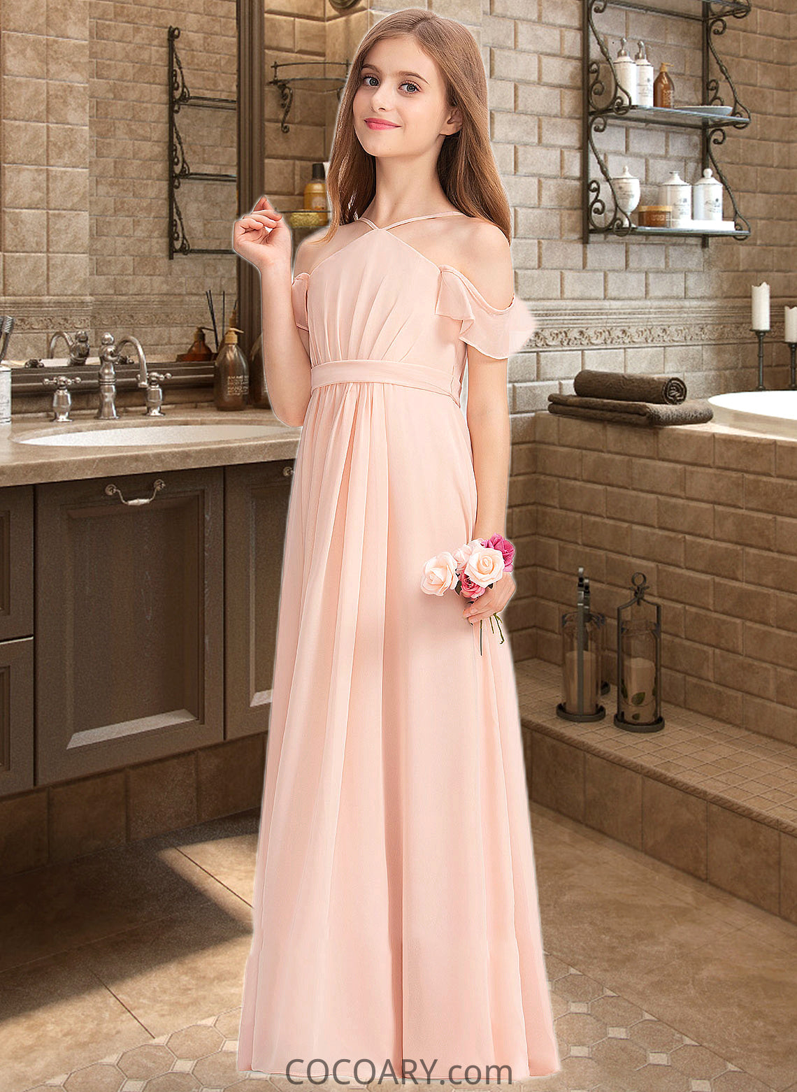 Yazmin A-Line V-neck Floor-Length Chiffon Junior Bridesmaid Dress With Ruffle Bow(s) DA8P0013349