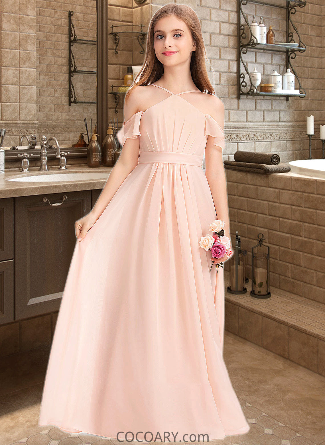 Yazmin A-Line V-neck Floor-Length Chiffon Junior Bridesmaid Dress With Ruffle Bow(s) DA8P0013349