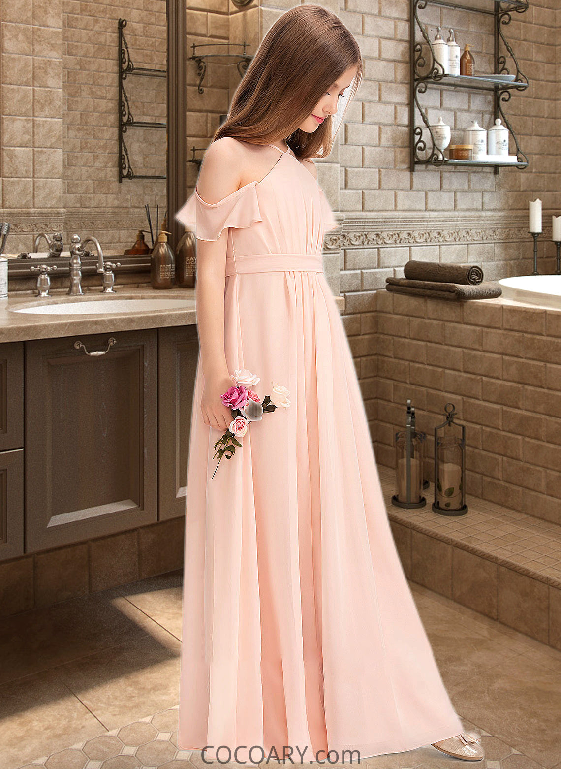 Yazmin A-Line V-neck Floor-Length Chiffon Junior Bridesmaid Dress With Ruffle Bow(s) DA8P0013349