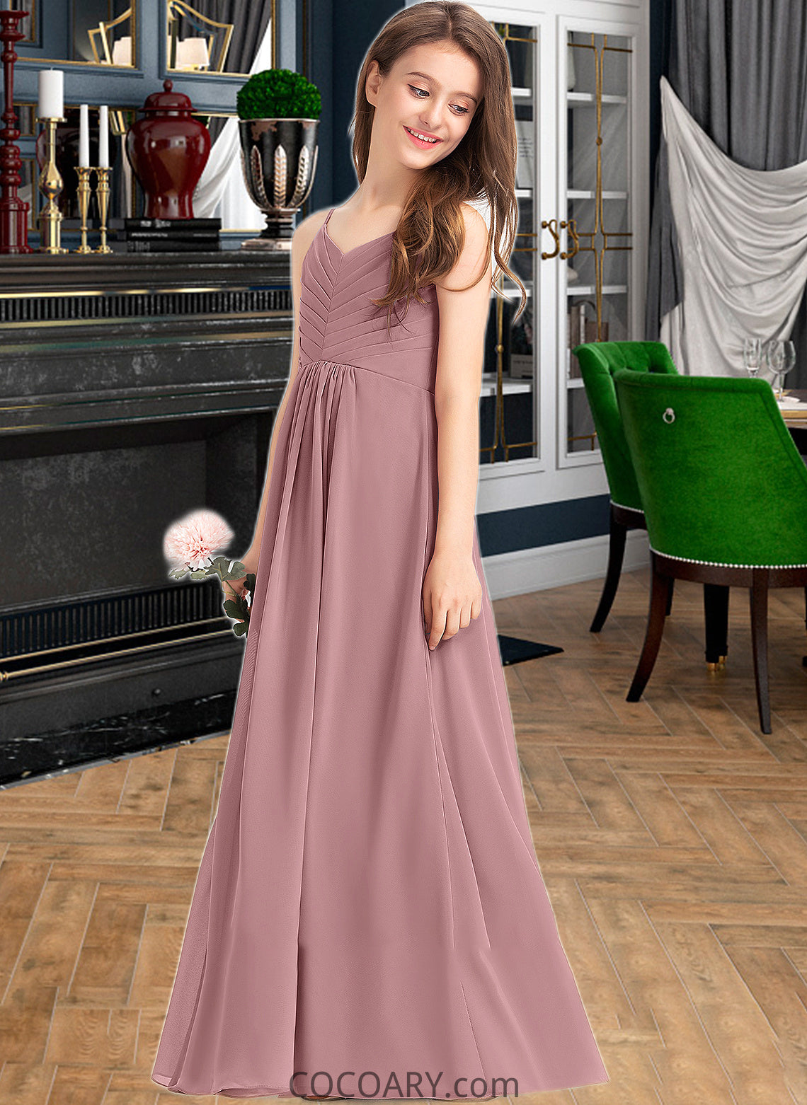 Alexia A-Line V-neck Floor-Length Chiffon Junior Bridesmaid Dress With Ruffle DA8P0013354