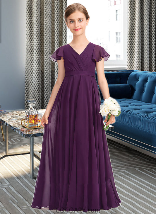 Ana A-Line V-neck Floor-Length Chiffon Junior Bridesmaid Dress With Bow(s) Cascading Ruffles DA8P0013355