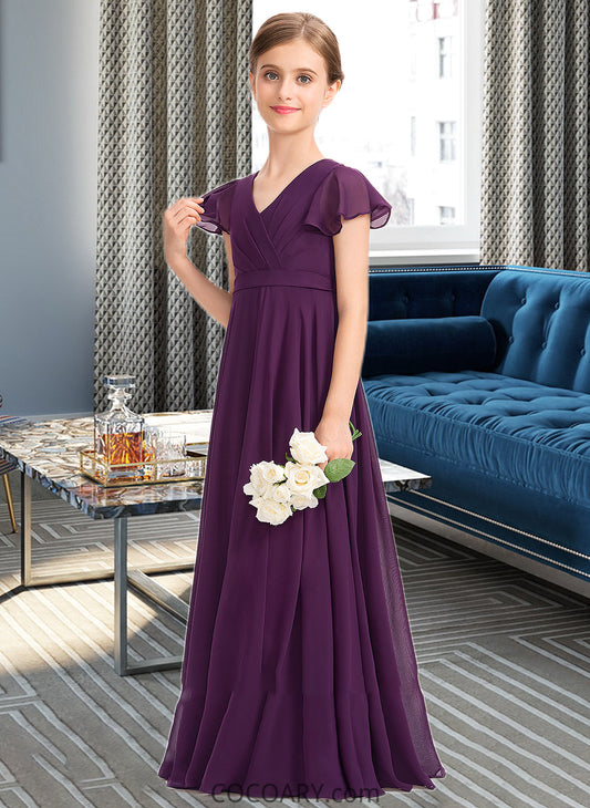 Ana A-Line V-neck Floor-Length Chiffon Junior Bridesmaid Dress With Bow(s) Cascading Ruffles DA8P0013355