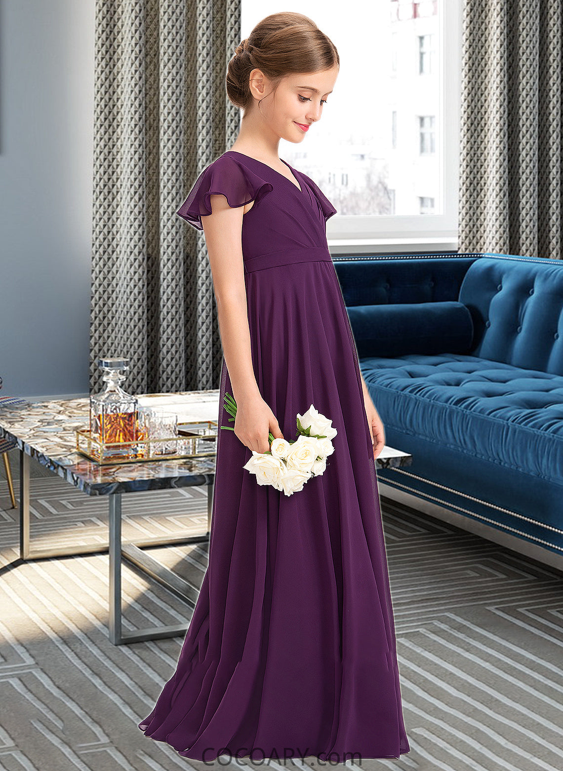 Ana A-Line V-neck Floor-Length Chiffon Junior Bridesmaid Dress With Bow(s) Cascading Ruffles DA8P0013355